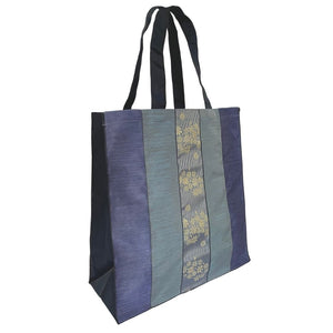 Large Lovely Light Blue Shades Striped Tote Bag with Floral Designs on Center Stripe. Fabric Made in Japan| Boxy Bottom Tote Bag, Small Batch Production| Handbags Made in the USA| Durable, High Quality, Ultra Light Tote Bags| Made in the Finger Lakes, NY | Totes for Active Parents,  Women, Men,Teachers, Moms| Best Totes for Work, Beach, Market, School, College|  Shop our Online Store ShimaShima Bags