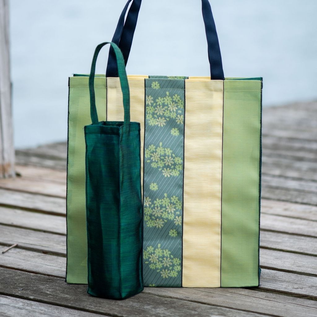 Lovely Spring Colors Light Green and Yellow Stripes, Large Tote Bag with Light Green Floral Designs on Center Stripe. Fabric Woven in Japan| Boxy Bottom Tote Bag, Small Batch Production| Handbags Made in the USA| Durable, High Quality, Ultra Light Tote Bags| Made in the Finger Lakes, NY | Totes for  Women, Teachers, Moms| Best Totes for Work, Beach, Market, School, College|  Shop our Online Store ShimaShima Bags