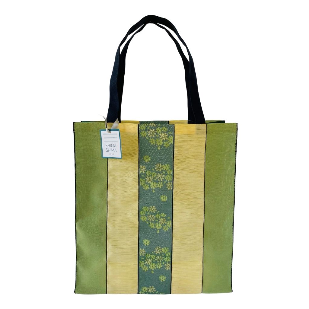 Lovely Light Green and Yellow Stripes, Large Tote Bag with Light Green Floral Designs on Center Stripe. Fabric Woven in Japan| Boxy Bottom Tote Bag, Small Batch Production| Handbags Made in the USA| Durable, High Quality, Ultra Light Tote Bags| Made in the Finger Lakes, NY | Totes for Women, Teachers, Moms| Best Totes for Work, Beach, Market, School, College| Shop our Online Store ShimaShima Bags