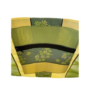 Close up image of woven fabric, Light Green and Yellow Stripes, Light Green Floral Design, Japanese Vibe, Super Durable Fabric, Double Stitched Handles, Shoulder Straps, Heavy Duty Stitching on Corners and Seams. Long lasting Sustainable Tote Bags ShimaShima Bags