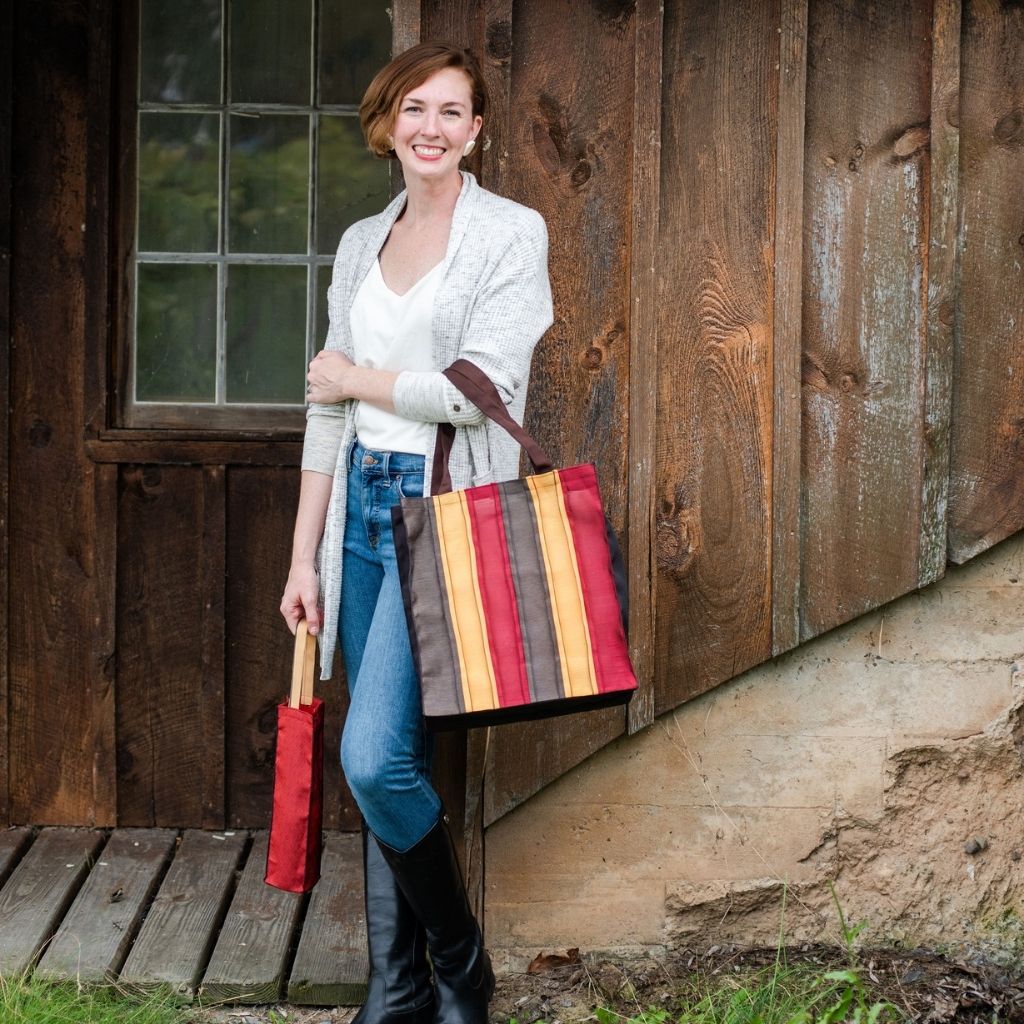 Large Striped Tote Bag with Fall Colors|  Fabric Made in Japan| Boxy Bottom Tote Bag, Small Batch Production| Handbags Made in the USA| Durable, High Quality, Ultra Light Tote Bags| Made in the Finger Lakes, NY | Totes for  Women, Teachers, Moms| Best Totes for Work, Beach, Market, School, College|  Shop our Online Store ShimaShima Bags