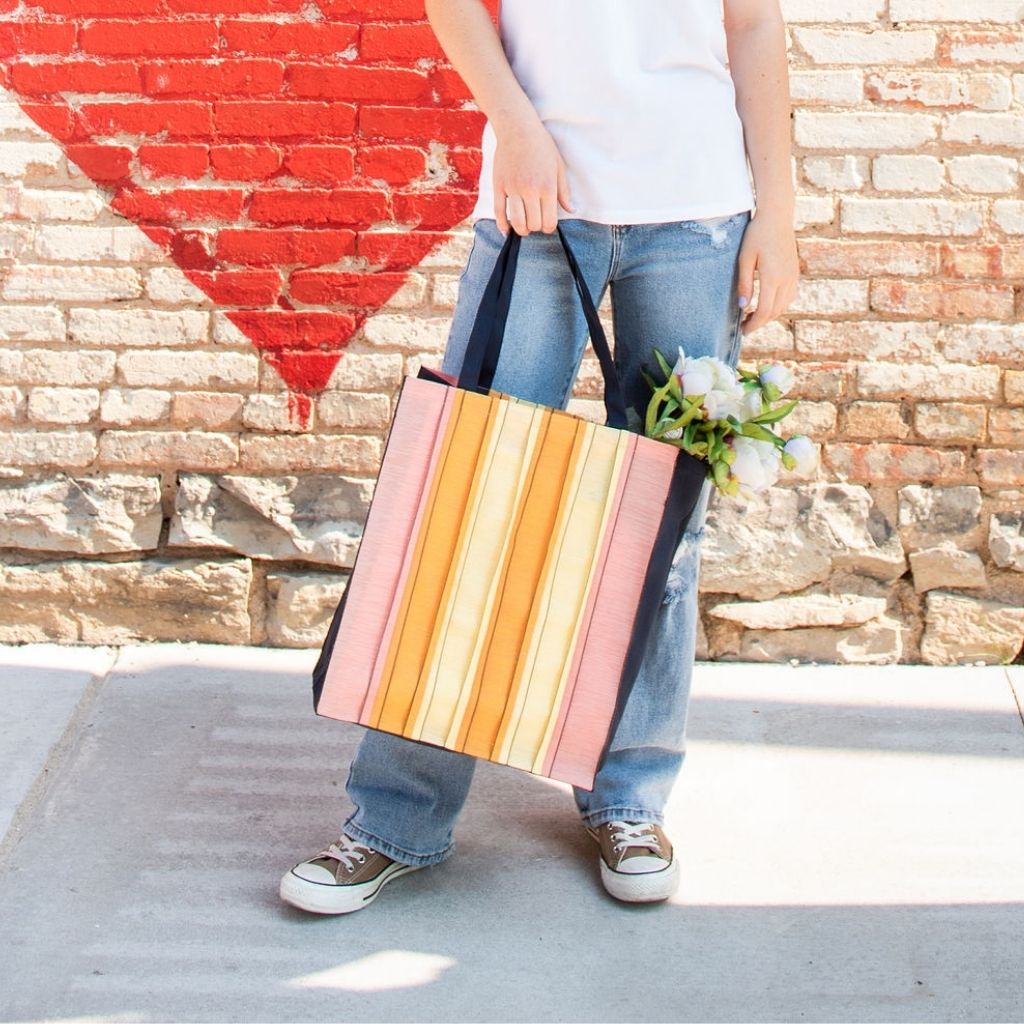 Fun Tropical Colors! Pink, Orange and Yellow Stripes, Large Tote Bag Fabric Made in Japan| Boxy Bottom Tote Bag, Small Batch Production| Handbags Made in the USA| Durable, High Quality, Ultra Light Tote Bags| Made in the Finger Lakes, NY | Totes for  Women, Teachers, Moms| Best Totes for Work, Beach, Market, School, College|  Shop our Online Store ShimaShima Bags