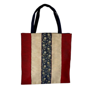 Large Tote Bag- Red & Beige Stripes - Navy Floral Designs