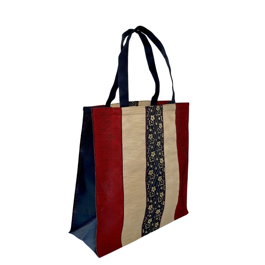 Japanese Woven Fabric Large Tote Bag Red & Beige Stripes Floral