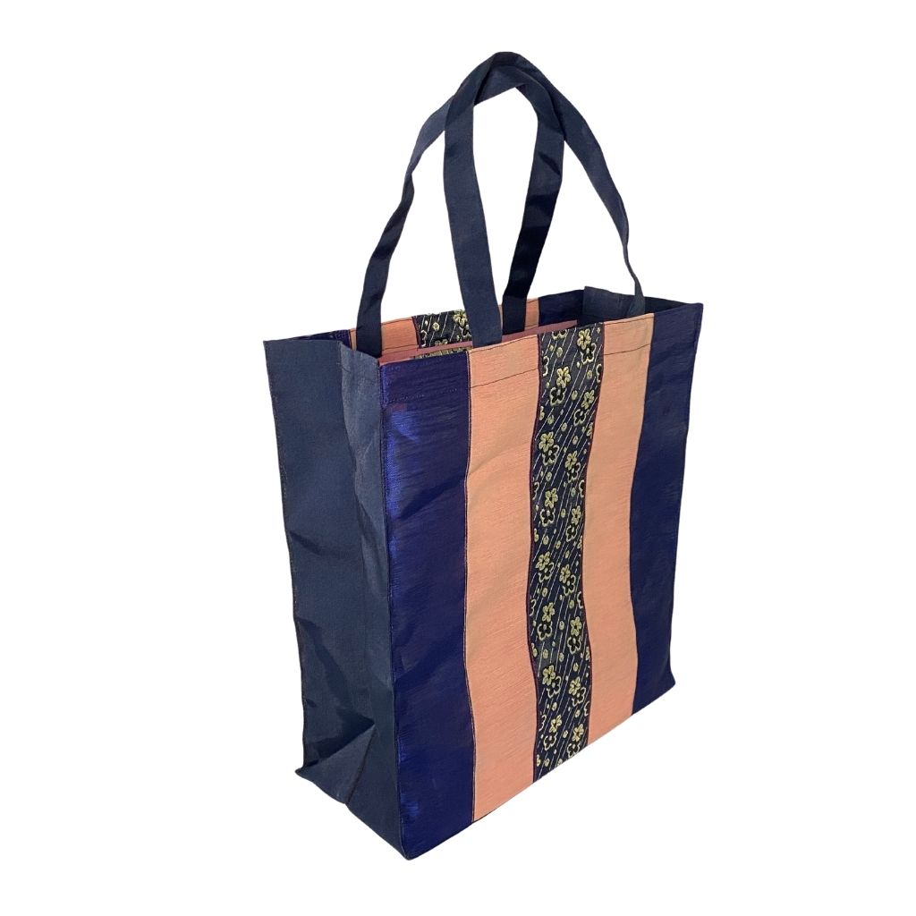 Bold Blue and Pink Stripes with Blue Sakura Floral Design on Center Stripe, Large Tote Bag with Japanese Vibe, Boxy Bottom Tote Bag, Japanese Style Tote Bags for Women, Stylish Shopper Bag, Office Tote, Teacher Tote, Mom Bag, Farmers Market Tote, Beach Bag, ShimaShima Bags