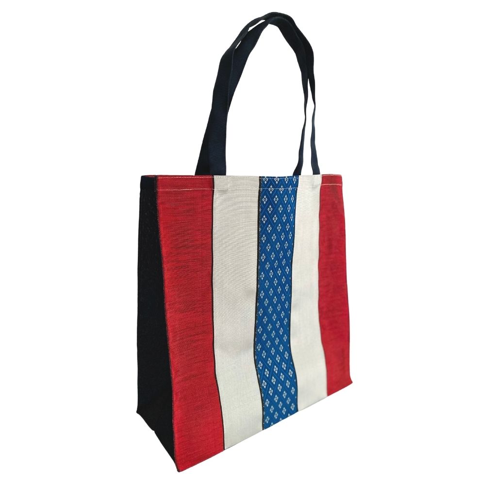 Looks like Patriotic Colors! Blue and Silver Striped Large Tote Bag with Diamond Shaped Designs on Center Stripe. Woven Fabric Made in Japan| Boxy Bottom Tote Bag, Small Batch Production| Handbags Made in the USA| Durable, High Quality, Ultra Light Tote Bags| Made in the Finger Lakes, NY | Totes for  Women, Teachers, Moms| Best Totes for Work, Beach, Market, School, College|  Shop our Online Store ShimaShima Bags