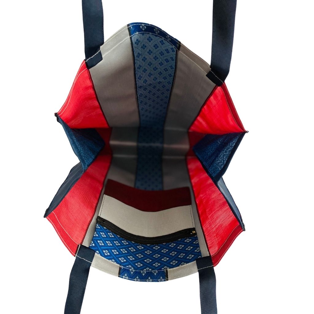 Interior Look at Large Tote Bag, Interior Zipper Pocket with same color stripes as bag, Woven Material, Vegan Bag, Large roomy interior to carry even your bulky items, Durable, Double Stitched, Ultra lightweight Material, Long Lasting Sustainable Tote Bag ShimaShima Bags