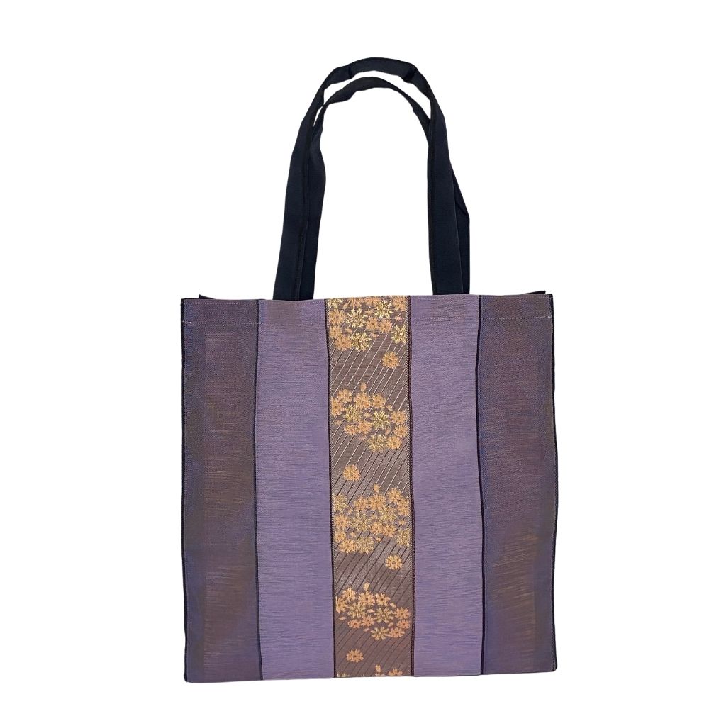 Lovely Purple and Lavender Striped Large Tote Bag with Purple and Pink Floral Designs on Center Stripe. Fabric Made in Japan| Boxy Bottom Tote Bag, Small Batch Production| Handbags Made in the USA| Durable, High Quality, Ultra Light Tote Bags| Made in the Finger Lakes, NY | Totes for  Women, Teachers, Moms| Best Totes for Work, Beach, Market, School, College|  Shop our Online Store ShimaShima Bags
