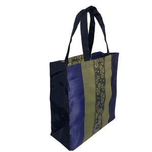 Large Tote Bag- Blue & Green Stripes - Blue Floral Designs