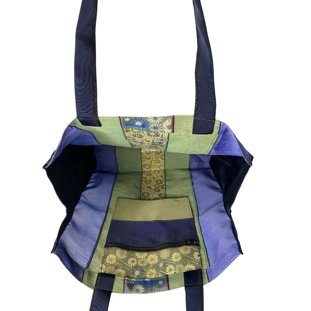Large Tote Bag- Blue & Green Stripes - Blue Floral Designs