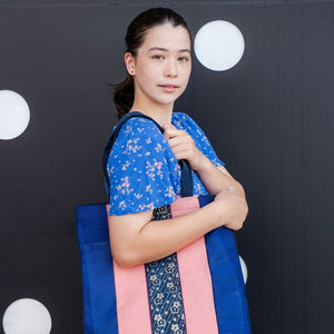 Pink and Blue Large Tote Bag with Sakura Floral Designs in center stripe, Japanese Vibe, Bold colors, Woven Fabric, Super Durable, Ultra Lightweight, Sustainable, Vegan Bag, Weather and Stain Resistant, Stylish and FUNctional. ShimaShima Bags