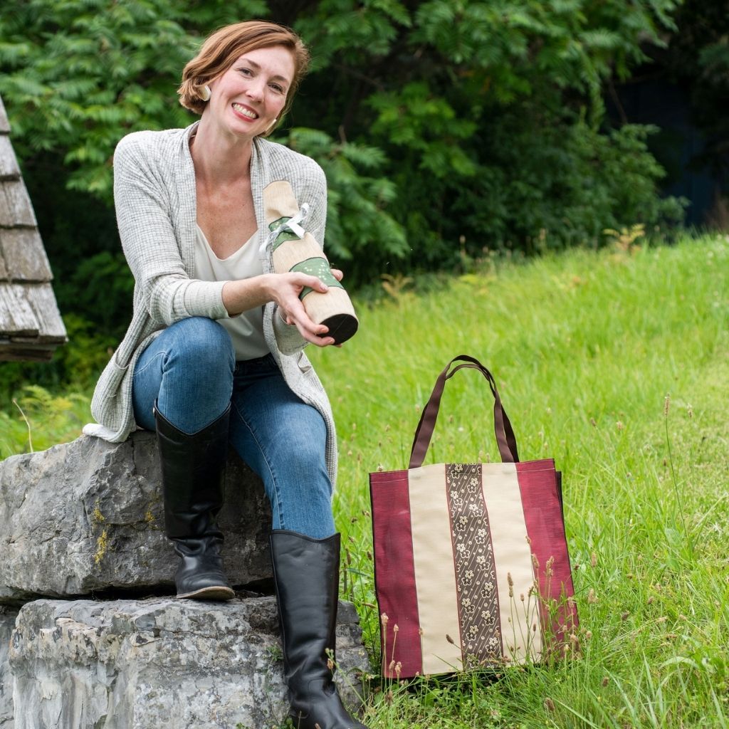 Lovely Dark Red and Beige Striped Large Tote Bag with Dark Brown Sakura Cherry Blossom Floral Designs on Center Stripe. Fabric Made in Japan| Boxy Bottom Tote Bag, Small Batch Production| Handbags Made in the USA| Durable, High Quality, Ultra Light Tote Bags| Made in the Finger Lakes, NY | Totes for  Women, Teachers, Moms| Best Totes for Work, Beach, Market, School, College|  Shop our Online Store ShimaShima Bags