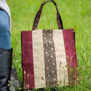 Lovely Dark Red and Beige Striped Large Tote Bag with Dark Brown Sakura Cherry Blossom Floral Designs on Center Stripe in a country setting.  Fabric Made in Japan| Boxy Bottom Tote Bag, Small Batch Production| Handbags Made in the USA| Durable, High Quality, Ultra Light Tote Bags| Made in the Finger Lakes, NY | Totes for  Women, Teachers, Moms| Best Totes for Work, Beach, Market, School, College|  Shop our Online Store ShimaShima Bags