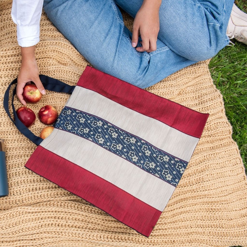 Large Tote Bag- Red & Beige Stripes - Navy Floral Designs