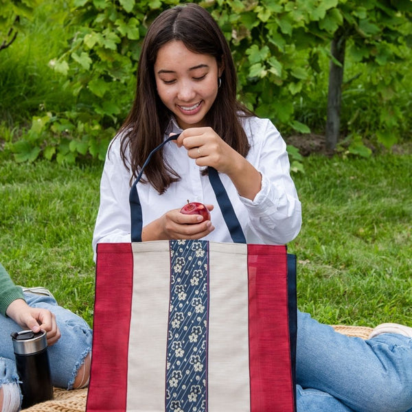 Large Tote Bag- Red & Beige Stripes - Navy Floral Designs