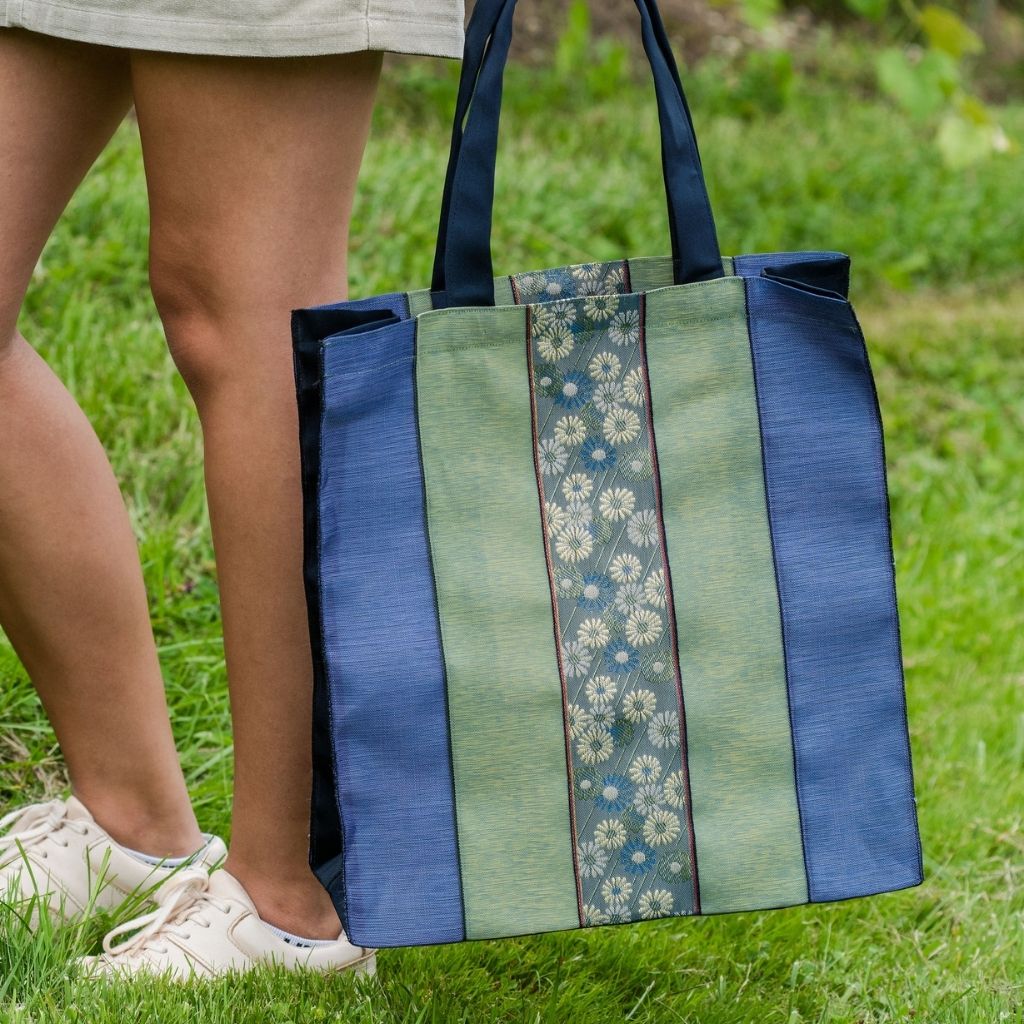 Large Tote Bag- Blue & Green Stripes - Blue Floral Designs