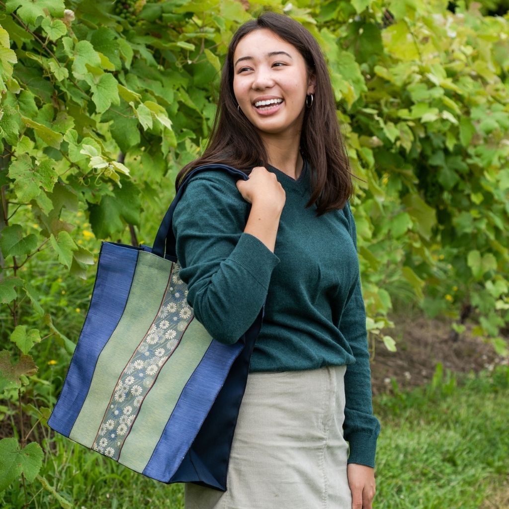 Large Tote Bag- Blue & Green Stripes - Blue Floral Designs