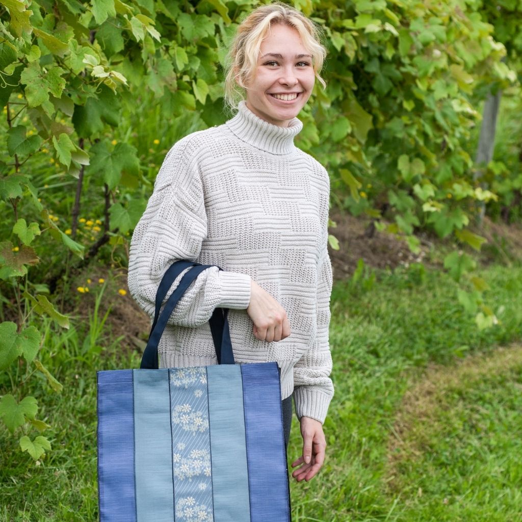 Large Lovely Light Blue Shades Striped Tote Bag with Floral Designs on Center Stripe. Fabric Made in Japan| Boxy Bottom Tote Bag, Small Batch Production| Handbags Made in the USA| Durable, High Quality, Ultra Light Tote Bags| Made in the Finger Lakes, NY | Totes for  Women, Teachers, Moms| Best Totes for Work, Beach, Market, School, College|  Shop our Online Store ShimaShima Bags