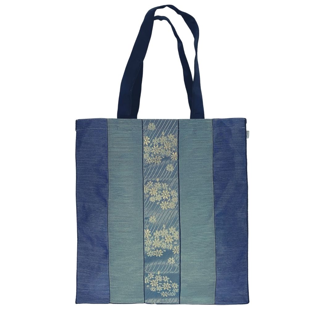Large Lovely Light Blue Shades Striped Tote Bag with Floral Designs on Center Stripe. Fabric Made in Japan| Boxy Bottom Tote Bag, Small Batch Production| Handbags Made in the USA| Durable, High Quality, Ultra Light Tote Bags| Made in the Finger Lakes, NY | Totes for  Women, Teachers, Moms| Best Totes for Work, Beach, Market, School, College|  Shop our Online Store ShimaShima Bags