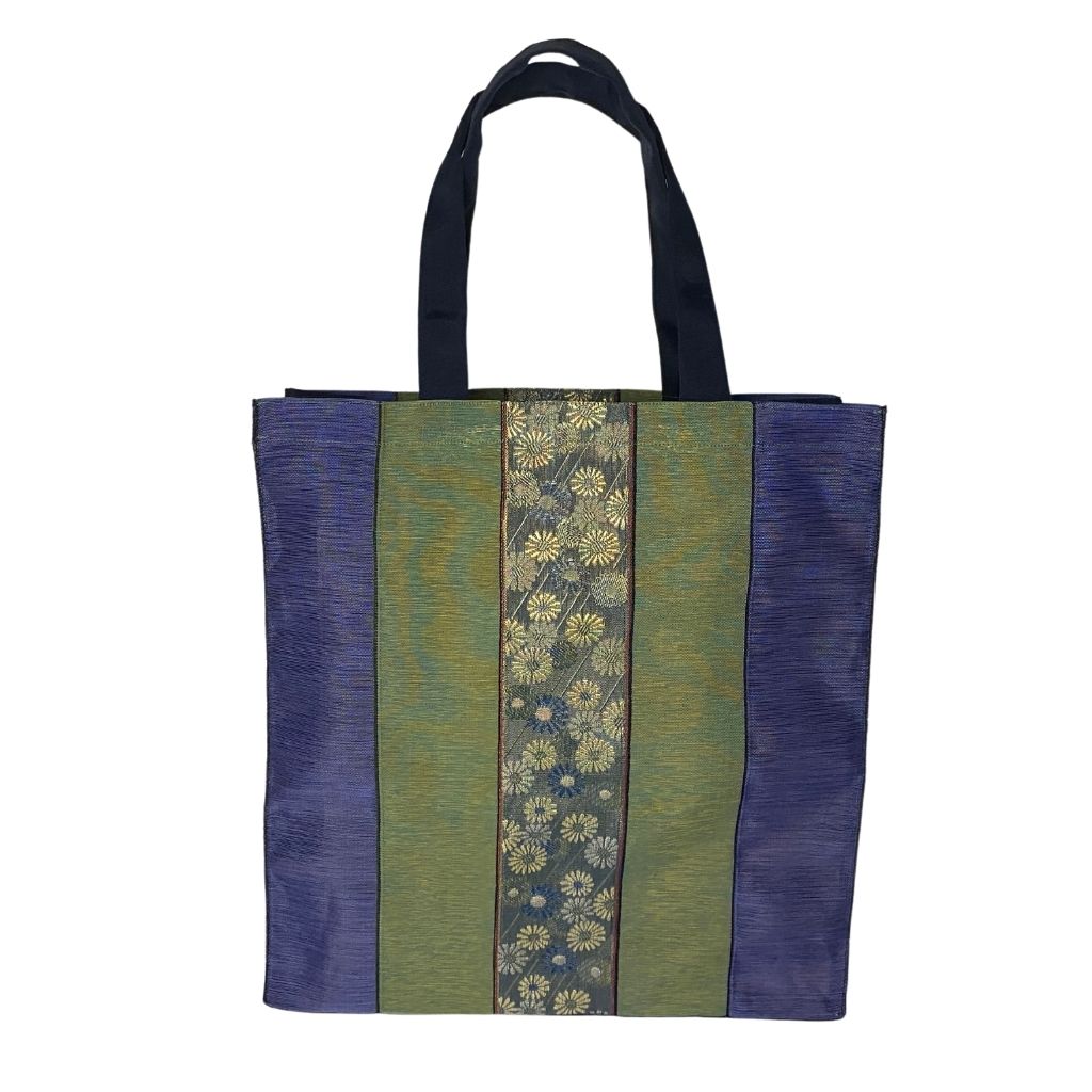 Large Tote Bag- Blue & Green Stripes - Blue Floral Designs
