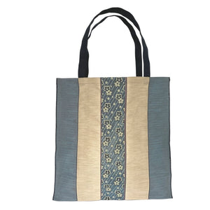 Large Blue and Beige Striped Tote Bag with Sakura Cherry Blossom Floral Designs on Center Stripe. Fabric Made in Japan| Small Batch Production| Handbags Made in the USA| Durable, High Quality, Ultra Light Tote Bags| Made in the Finger Lakes, NY | Totes for  Women, Teachers, Moms| Best Totes for Work, Beach, Market, School, College|  Shop our Online Store ShimaShima Bags