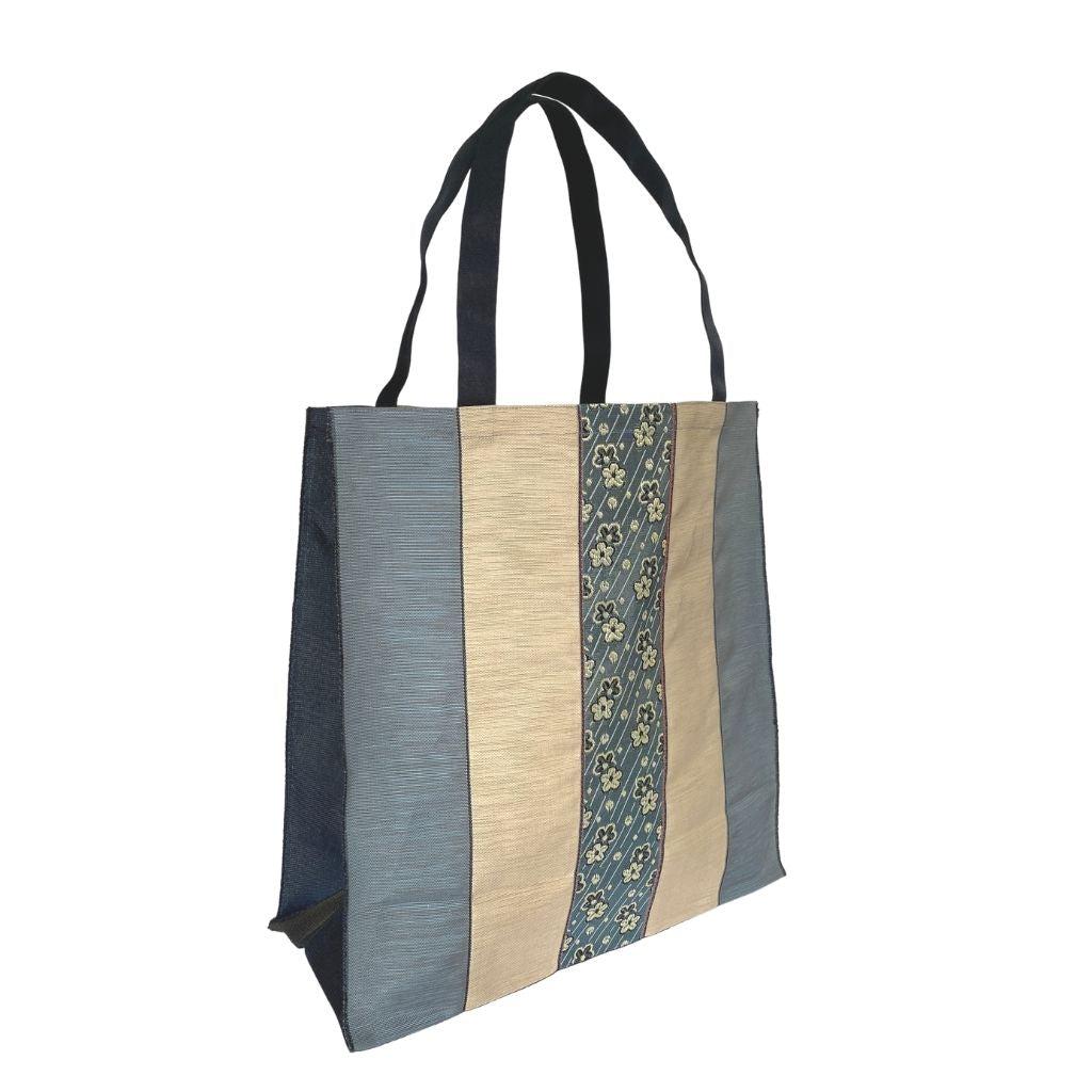 Stylish Large Tote Bag Japanese Vibe Blue & Beige Stripes Blue Floral -  shimashima bags