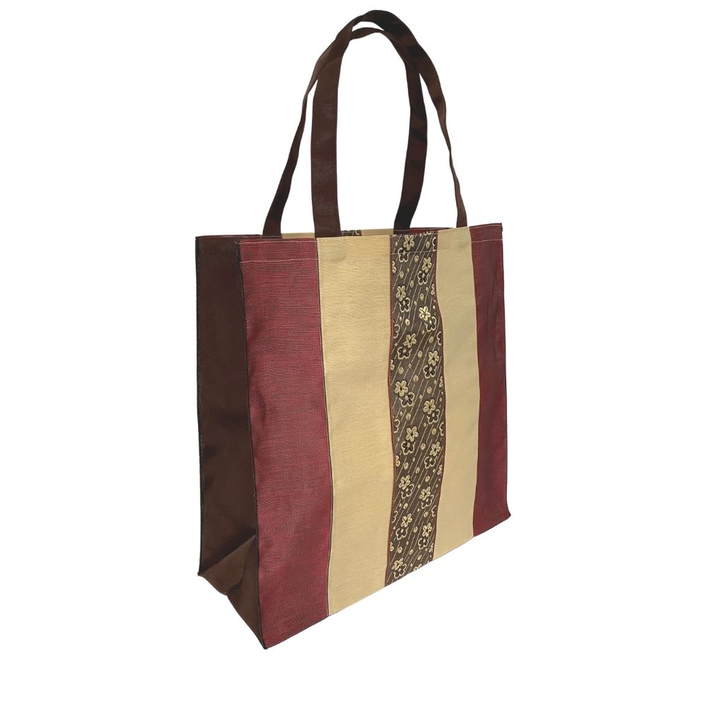Luxurious Large Tote Bag with Japanese Vibe Red Beige Brown Florals shimashima bags