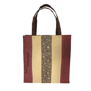 Dark Red and Beige Striped Large Tote Bag with Dark Brown Sakura Cherry Blossom Floral Designs on Center Stripe. Fabric Made in Japan| Boxy Bottom Tote Bag, Small Batch Production| Handbags Made in the USA| Durable, High Quality, Ultra Light Tote Bags| Made in the Finger Lakes, NY | Totes for  Women, Teachers, Moms| Best Totes for Work, Beach, Market, School, College|  Shop our Online Store ShimaShima Bags