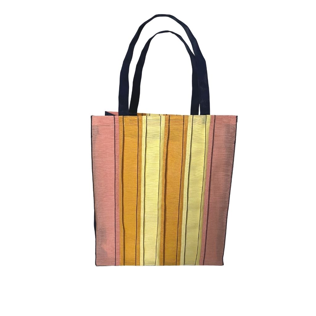 Fun Tropical Colors! Pink, Orange and Yellow Stripes, Large Tote Bag, Long Shoulder Handles, Fabric Made in Japan| Boxy Bottom Tote Bag, Small Batch Production| Handbags Made in the USA| Durable, High Quality, Ultra Light Tote Bags| Made in the Finger Lakes, NY | Totes for  Women, Teachers, Moms| Best Totes for Work, Beach, Market, School, College|  Shop our Online Store ShimaShima Bags