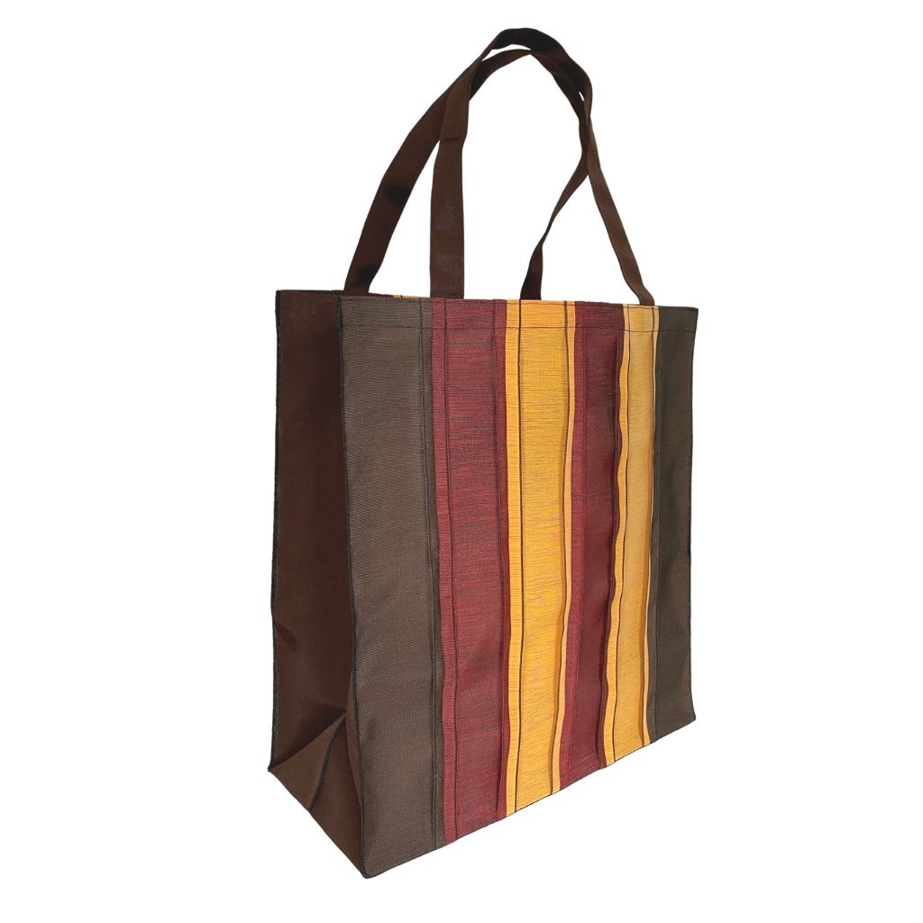 Beautiful fall colors - Brown, Red, Yellow Vertical Stripes create this luxury large tote bag with a boxy bottom, designed after the brown paper grocery bag. Super durable, ultra lightweight, weather and stain resistant, Perfect for a daytrip to the winery, farmers market, cider house, park with the kids.  Shop our website ShimaShima Bags