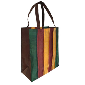 Beautiful Fall Colors in a Large Striped Tote Bag, Green, Red and Gold Yellow with Brown Handles. Fabric Made in Japan| Boxy Bottom Tote Bag, Small Batch Production| Handbags Made in the USA| Durable, High Quality, Ultra Light Tote Bags| Made in the Finger Lakes, NY | Totes for  Women, Teachers, Moms| Best Totes for Work, Beach, Market, Day Trip, School, College|  Shop our Online Store ShimaShima Bags