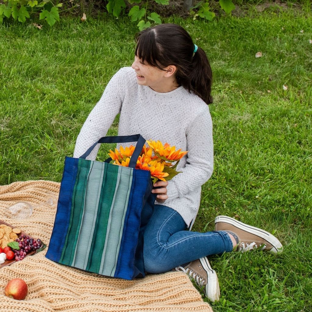 Large Tote Bag- Blue & Green Solid Colors